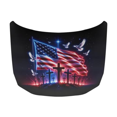 Image of American Flag Cross Print Car Hood Cover Stretchable Car Bonnet Banner Polyester Can be Washed Engine Cover Protective Vehicles Decorate Accessories