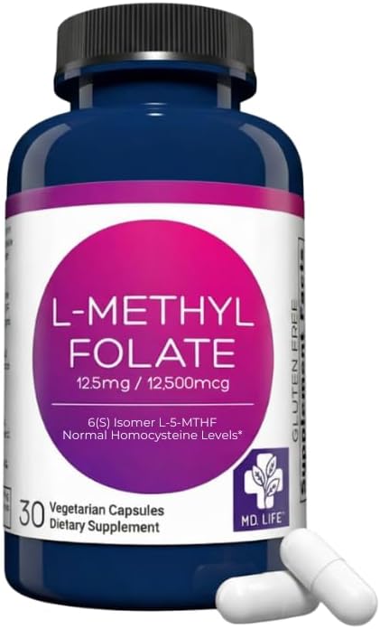 MD Life L-Methylfolate 12.5 mg Supplement - Professional-Grade Active L Methylfolate Supplement - 30 Capsules - L-Methylfolate 12.5mg - Maximum Potency MTHFR W/Essential Amino Acids