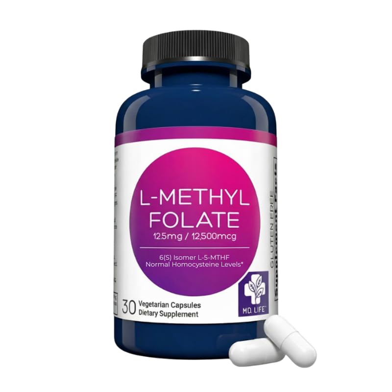 MD Life L-Methylfolate 12.5 mg Supplement - Professional-Grade Active L Methylfolate Supplement - 30 Capsules - L-Methylfolate 12.5mg - Maximum Potency MTHFR W/Essential Amino Acids