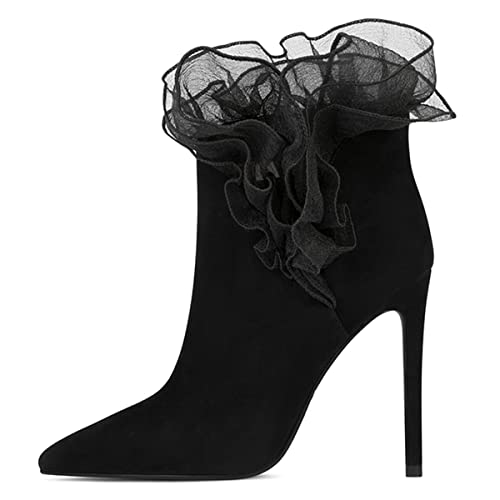 FSJ Women Cut Silk Flowers Pointed Toe High Heels Ankle Booties Stiletto Heeled Slip On Faux Suede Evening Party Dress Ruffle Boots Size 4-15 US2