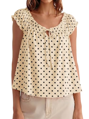 Image of Tankaneo Women Summer Tie Front Tank Tops Cap Sleeve Pleated Babydoll Tops Casual Loose Fit Going Out Flowy Shirt