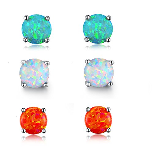 GEMSME 18K White Gold Plated Color Green Red Blue 6mm Opal Stud Earrings for Women (round-6)