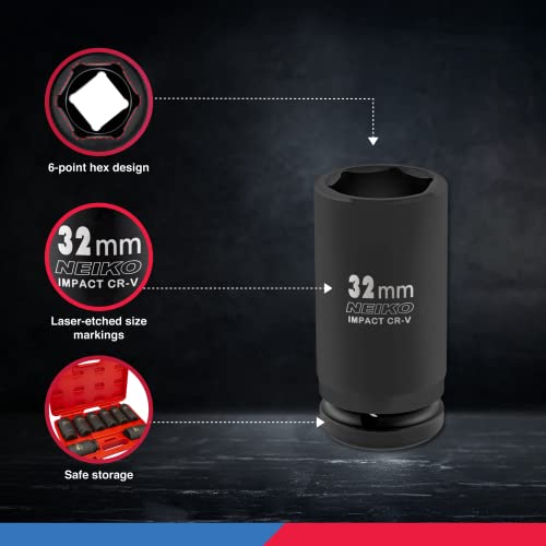 Neiko 02460A 3/4" Drive Deep Impact Socket Set, 8 Piece Jumbo Assortment | Metric Sizes (26 To 38 Mm) | Chrome Vanadium Steel #TOP3