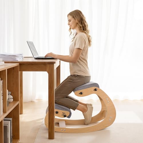 Image of VEVOR Ergonomic Kneeling Chair, Wooden Posture Knee Chair with Adjustable Thick Foam Cushions & Solid Wood Frame, Adjustable Height, Relief for Neck or Back Pain for Home, Office or Meditation, Gray