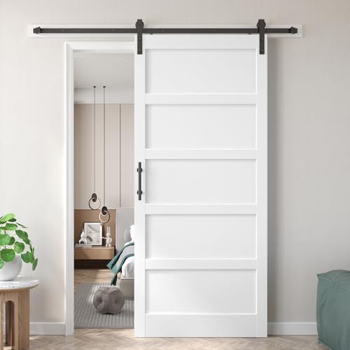 Image of Fredbeck 42x96 inch White Barn Door with 7FT Sliding Door Hardware Kit Included & Handle,MDF,Solid PVC Surface,DIY Assembly,5-Panel
