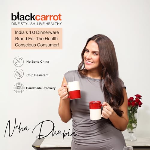 Image of BLACKCARROT Ceramic Red White Coffee Mug Set of 2, 300ml, Microwave Safe | 300ml ceramic coffee mugs set of 2, bone china free and microwave safe, ideal for tea, coffee and everyday gifting.