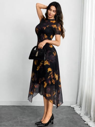 Image of GothDark Women Summer Wedding Guest Floral Mesh Irregular Hem Midi Dress | A-Line, Short Sleeve, Sheer Mesh Overlay, Elegant Vintage Dresses For Party, Semi Formal, Vacation, Dinner, Church