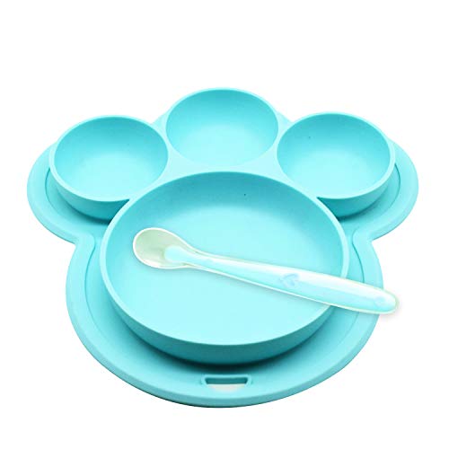 Yuccer Toddler Plates Divided Baby Silicone Plate Spoons Portable BPA-Free Kids Feeding Plates Dishwasher Microwave Safe (Blue)