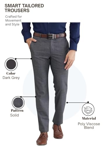 Image of Raymond Men's Slim Fit Mid Rise Solid Pattern Poly Viscose Blend Flat Front Formal Trouser