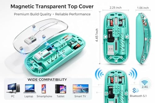 Image of PhT2101 Slim Wireless Mouse with Transparent Cover, 2.4GHz and Dual Bluetooth, Rechargeable, Adjustable DPI, LED for Laptop, PC and Tablet, Green BTWMOUSE