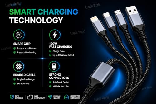 Image of 3 in 1 Fast Charging Cable 100W, USB to Type C + Lightning + Micro USB, Braided Multi Charging Cable for iPhone, Samsung, OnePlus, Xiaomi & Android Devices, Universal Charger Cable, 1.2M