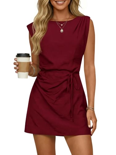 Image of Wenrine Womens 2026 Summer Mini Dress Casual Sleeveless Tie Waist Loose Ruched Beach Vacation Short Sundresses