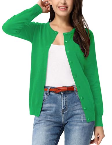GRACE KARIN Women's Crewneck Button Down Cardigan Classic Lightweight Knit Soft Long Sleeve Cardigan Sweaters M Green