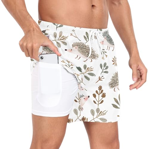 Hedgehog and Leaves Men's Swim Trunks with Liner Quick Dry Beach Shorts Swimwear Bathing Suit S-XXL4