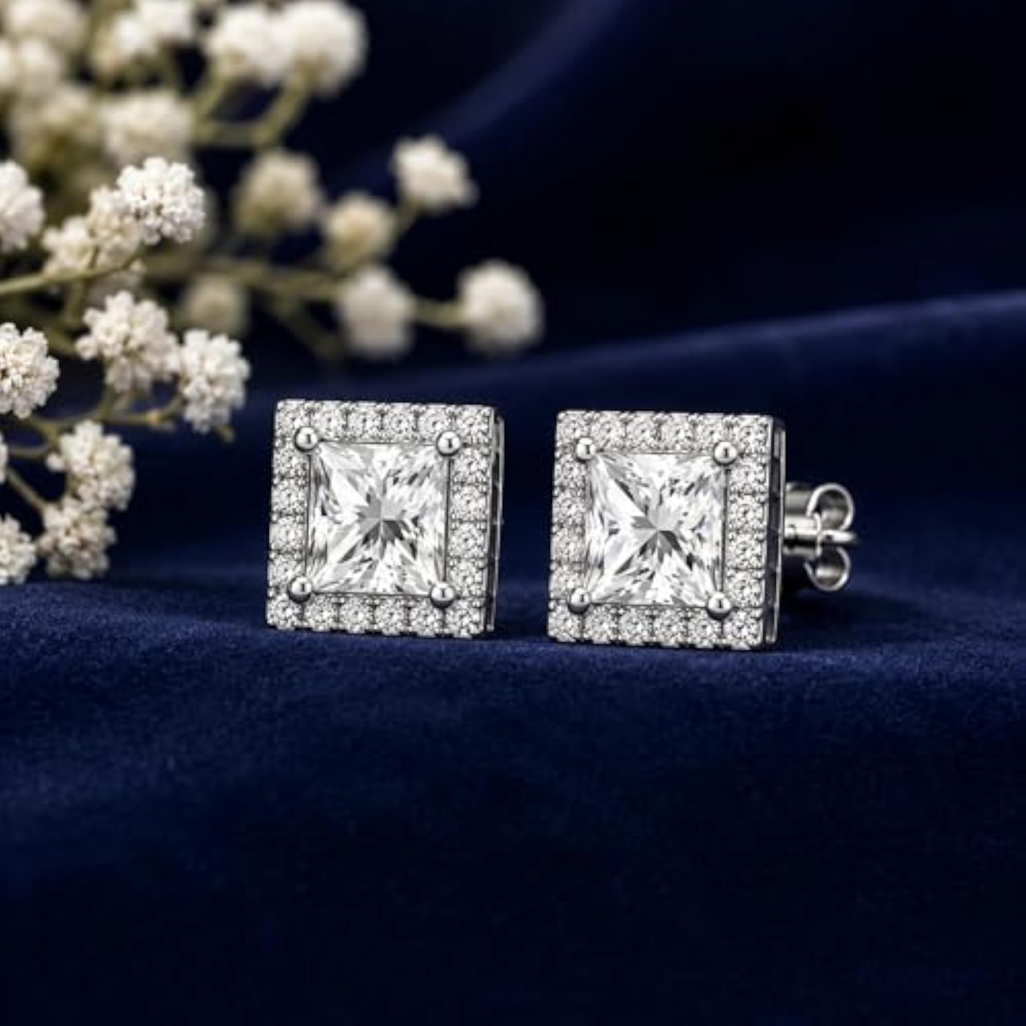 Women's 925 Sterling Silver Princess Cut Halo Stud Earrings