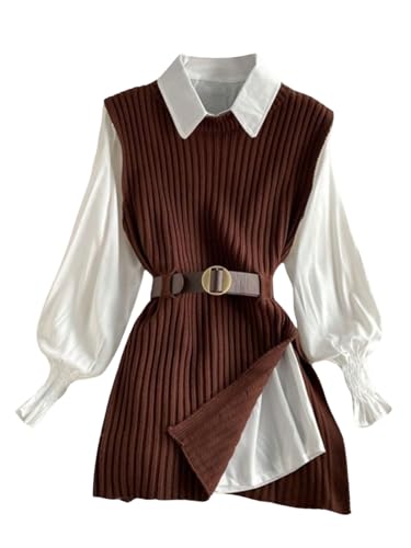 OYOANGLE Women's Split Hem Ribbed Knit Sweater Dress Crewneck Sleeveless Short Dresses Coffee Brown Medium