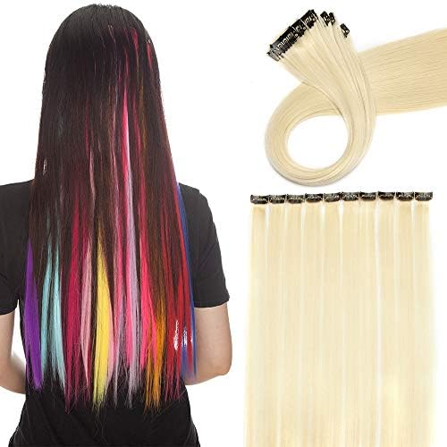 10Pcs 20" Rainbow Color Straight Hair Extensions Clip in Multi-Color Synthetic Coloured Clip on Hair Extension Party Highlights Hairpiece #Black& Dark Green