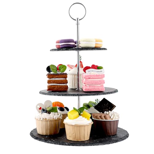 VIDETOL Schiefer Etagere 3 Etagen, Round Tortenständer, Cupcake Ständer 3 Stöckig, Servierständer Dessert Ständer für Kuchen, Desserts und Obst