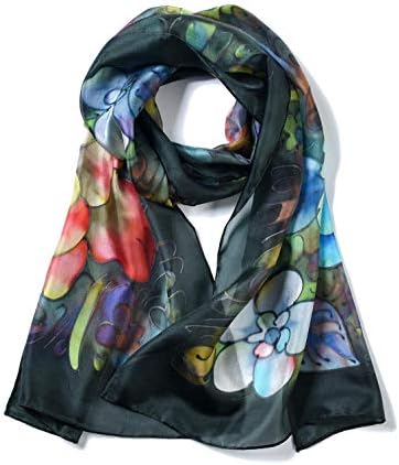 Invisible World Women's 100% Mulberry Silk Scarf Long Hand Painted Floral