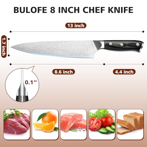 BULOFE 8 Inch Chef Knife, Kitchen Knife with Sharpener and Finger Guard, Professional Steel Sharp Chef's Knife Set with Ergonomic Handle, Gifts for Christmas, Black