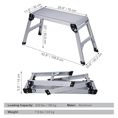 Aluminum Folding Work Platform,30L x12W x20H Step Stool for Adults, Work Bench with Non-Slip Mats, 330 Lbs Capacity, Portable Bench Step Ladders for Washing Vehicles, Home, Garage, Garden, Rv Step