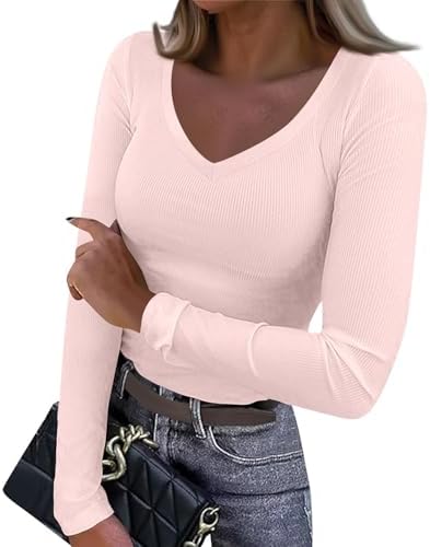 Going Out Tops for Women Fall Long Sleeve Lightweight Tops Ribbed V Neck Shirts Winter Trendy Travel Clothes