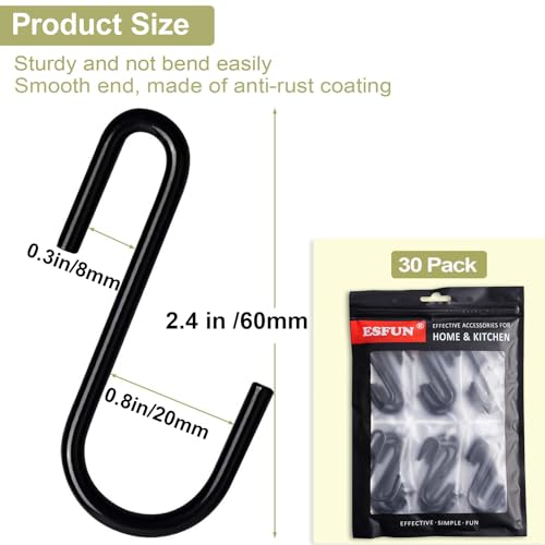 ESFUN 30 Pack 2.4 inches S Hooks for Hanging on Wire Shelves, Black S Shaped Hanging Hooks Hangers Pan Holder Pot Wire Rack Hooks for Kitchenware Spoons Pans Pots Utensils Jeans Bags Towels Plants, by ESFUN - Image 3