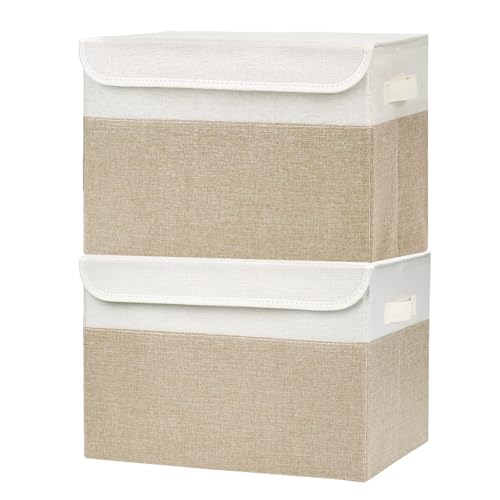 Bagnizer Large 42 Quarts Fabric Storage Bins with Lids [2-Pack] Linen Collapsible Foldable Baskets, Closet Organizer Containers boxes with Handles for Home Office (16.7 x 12 x 12, Beige & White)