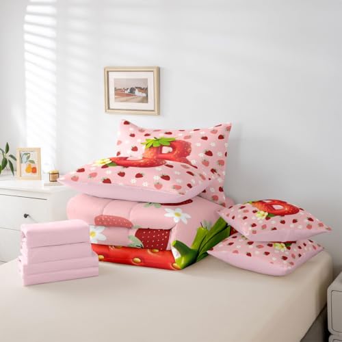 Image of Feelyou Cute Girls Strawberry Queen Comforter Set with Sheets for Kids Boys Girls Pink Red Princess Strawberry 7 Pieces Bedding Set Initial Letter B Bed in a Bag Room Decor Soft Lightweight Microfiber