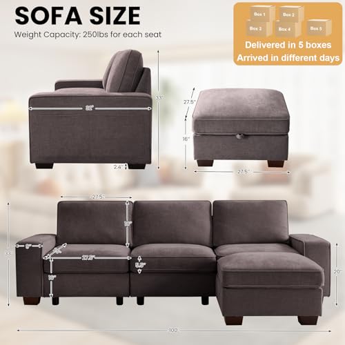 Image of TEKAMON 100 inch Modular Sectional Sofa with Seats Storage, L Shaped Couch with Movable Ottoman for Living Room, Couch with Chaise, Solid Wood Frame, Spring Cushions, USB Port, Removable Covers, DKgrey