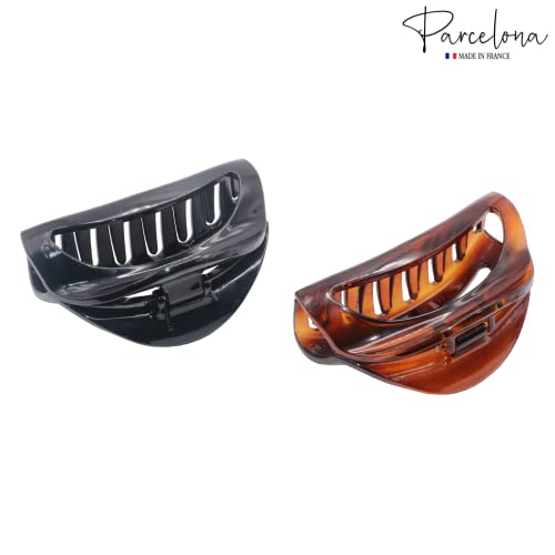 Parcelona French Crescent Cutout Shell Brown And Glossy Black Small 2 3/4" Celluloid Acetate Made In France Jaw Hair Claw Clip Clamps For Girls And Women #TOP3