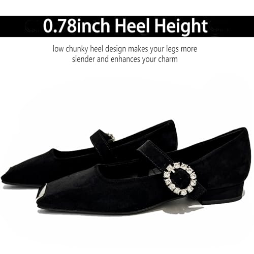Women's Velvet Low Chunky Heel Mary Janes with Metal Cap Toe Fashion Rhinestone Buckle Strap Comfortable Square Toe Low Block Heel Dress Pumps for Daily Dating Wedding Party Shoes3