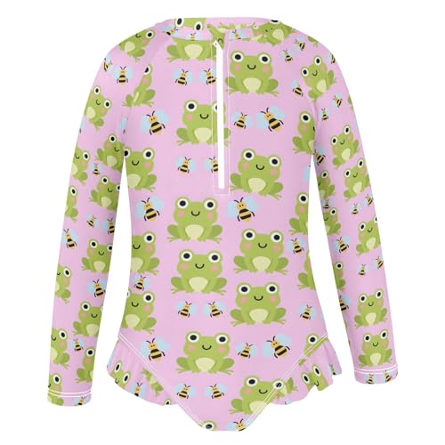 Frog Bee Pattern Girls Long Sleeve Swimsuit Rash Guard One Piece Bathing Suits Zipper 3-12T2