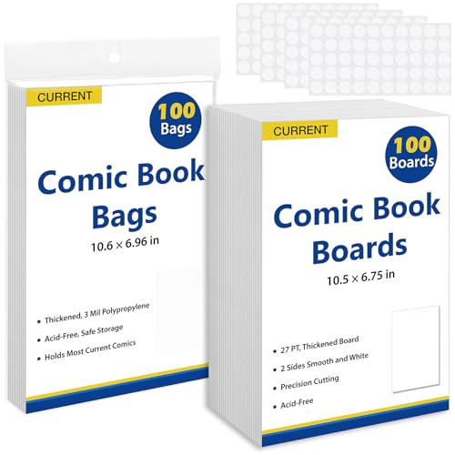 SUNEZLGO Current Comic Book Bags and Boards 100 Comic Book Sleeves and 100 Comic Book Boards Acid-Free Clear Comic Book Storage Comic Book Backing Boards 27 pt Thick and Coated Comic Backing Board