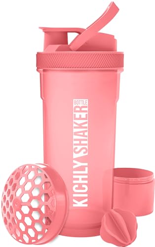 KICHLY Botella Shaker Proteinas con batidor Blenderball clásica (700 ml) - Tapa antiderrames con Envase de almacenamiento suplementos - Perfecto para Entrenamiento (Rosa, Paquete de 1)