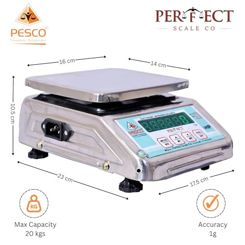 Image of Pesco micro mini 20kg stainless steel- digital weighing scale. Weight machine for vegetable and fruit shop, kitchen, grocery store, kirana store. 1 year warranty