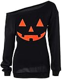JNKLWPJS Women Halloween Sweatshirts Off Shoulder Tops Long Sleeve Pumpkin Shirt Black Black L