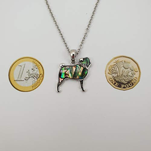 Kiara Jewellery Halskette mit Mops-/Hunde-Anhänger, eingelegt mit grünlicher Paua-Abalone-Muschel und Glasstein-Kragen an 45,7 cm langer Kette, Silber/rhodiniertes Basismetall mit natürlicher