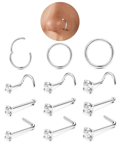 LOLIAS 12Pcs Piercing Nariz Oro Plata Piercing Nariz Acero Quirurgico 6/8/10mm Piercing Nariz Aro Piercing Septum Nostril Pendientes Nariz para Mujer Hombre 18/20G