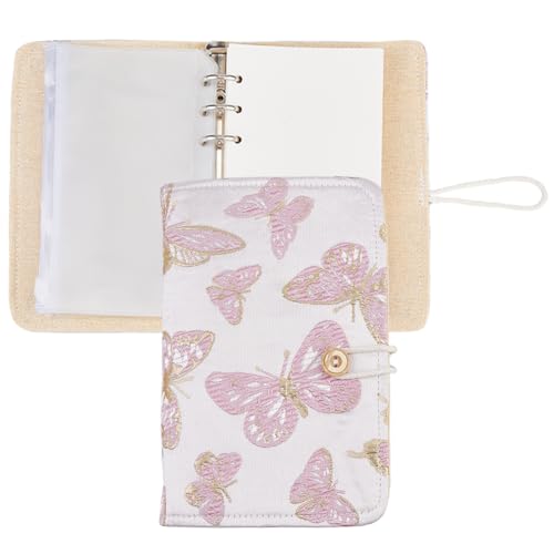 SUPERFINDINGS Journal Brodé A6 Carnet Papillon Rose Classeur 6 Anneaux Carnet Tissu Rechargeable avec 90 Papiers Lignés et 10 Poches Zippées PVC pour Femmes Agenda Classeur Cadeau Rentrée Scolaire