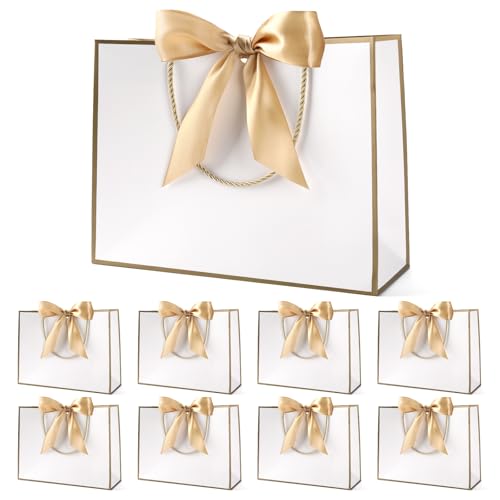 Geschenktüte mit Schleife,Geschenktüte Weiß,Geschenktaschen für Geburtstag, Hochzeit, Festivalfeier, Weihnachten,32 x 25 x 10cm, (Weiß, 8 Stück) (white-gold ribbon)