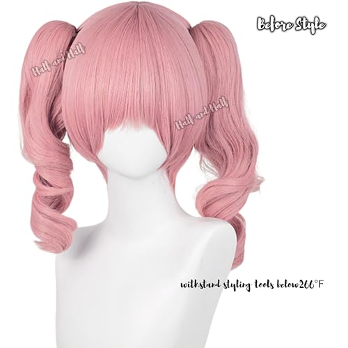 Image of Half and Half Short Pink Curly Anime Ponytail Wig Deep Pink Wave Twin Tails Lolita Wigs with Bangs for Karuta Roromiya Cosplay Women Halloween Party Daily