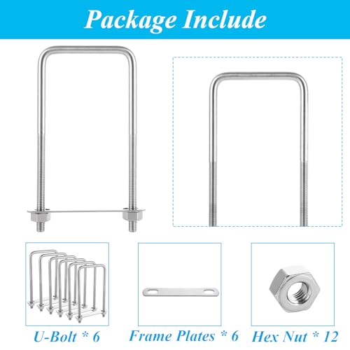 Image of QTLCOHD 6Pcs Square U Bolts 3 /8 inchx3 inchx7 inch Stainless Steel U-Bolts with Nuts and Frame Plates Square U Clamp for Boat Trailer Tube
