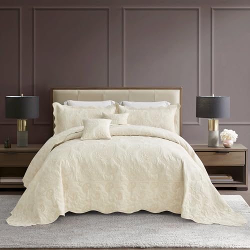 Image of HZ & HY Oversized King Bedspread 128x120 Extra Wide, Stitched Paisley Quilt Set King /Cal King, Lightweight Reversible Coverlet, Scalloped Edge - Soft Classic Look, 5 Piece, Ivory Yellow
