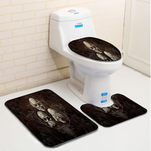 Badezimmerteppich Set 3 Teilig mit Toilettensitzbezug Mat U-Förmige Matte Totenkopf Schwarzes Muster Badematten Saugfähige Mikrofaser Flauschige Badteppiche, WC Vorleger Waschbar rutschfeste Teppich – Bild 4