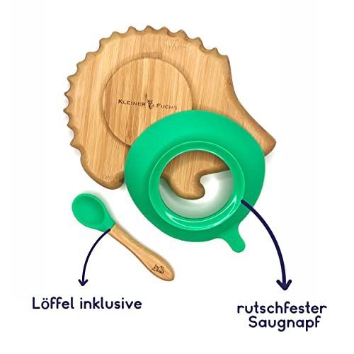 Kleiner Fuchs Hochwertiges Bambus Teller mit Saugnapf, Rutschfestem Saugnapf mit passendem Baby Löffel Macht Mahlzeiten Spaß, Bambus Geschirr Set mit Geschenkbox - Essenlernen mit Igel Design – Bild 3