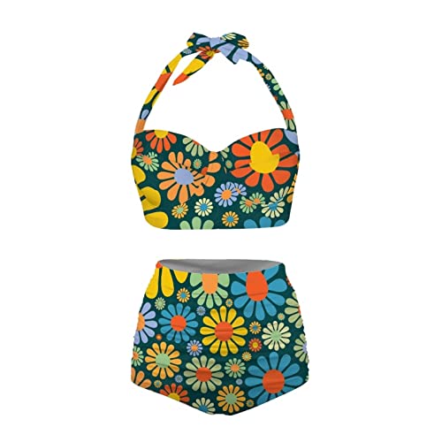 Yuuxorilu Conjunto de Bikini de Dos Piezas de Cintura Alta para Mujer, Bikini de Cintura Alta con Parte Inferior, Estampado Hippie de Margaritas, XL
