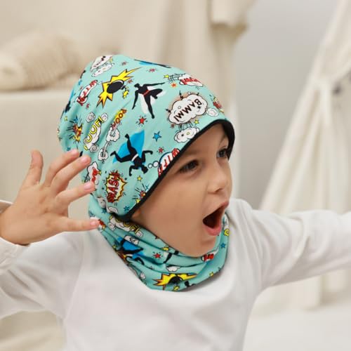 MAKFORT Kinder Beanie Mütze Schal Schlauchschal Set Baumwoll Loop Schal Junge Und Mädche Herbst Frühling