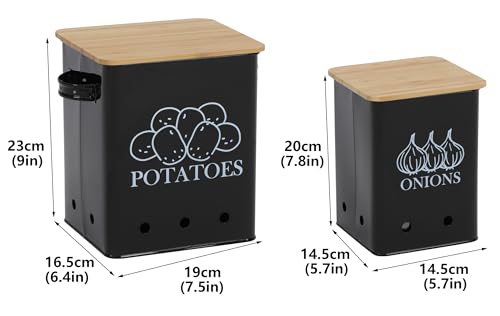 Image of Kitchen Vegetable Storage Tins Set of 2, Onion and Potato Storage Bins with Wooden Lid and Aerating Holes, Garlic Bin Caddy, Vintage Kitchen Decor, Black