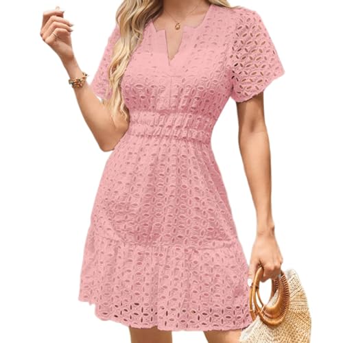 Robe courte à manches courtes col en V pour femme en dentelle rose chic